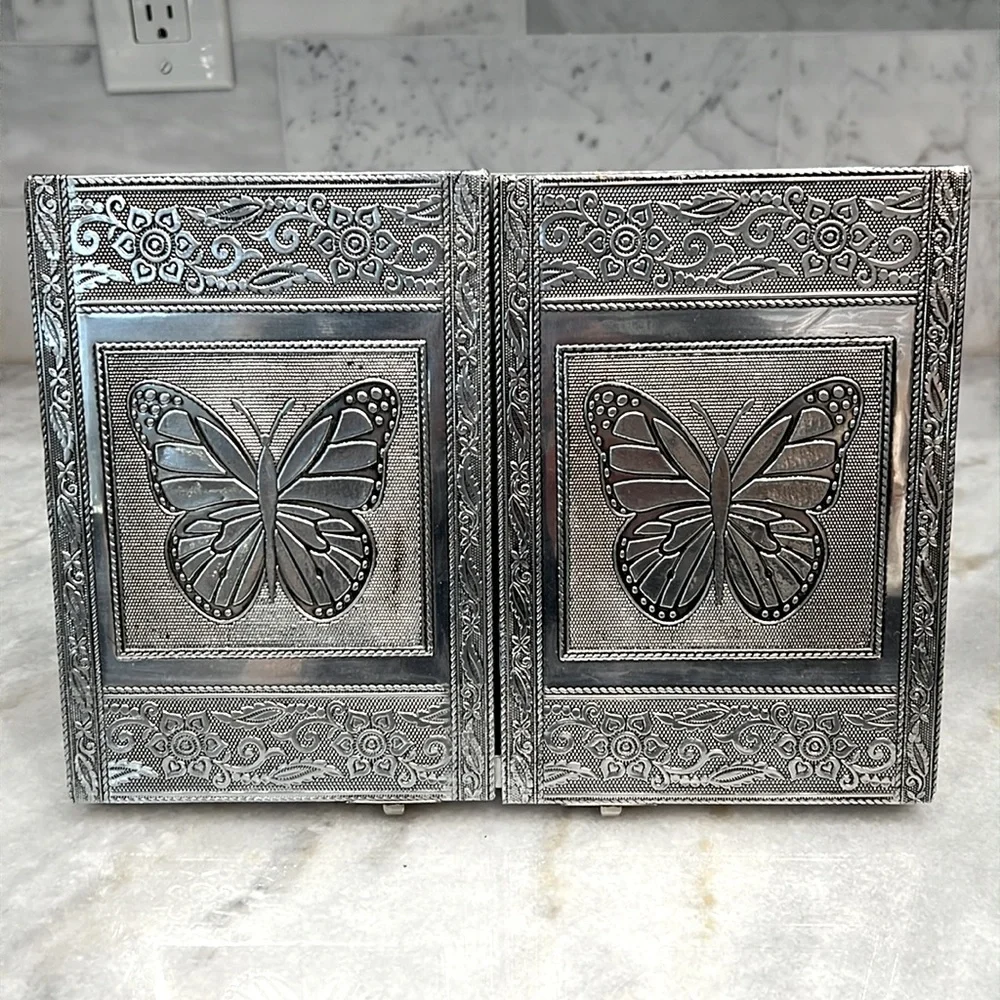 Handcrafted Aluminum Oxidized Butterfly Jewelry Box with Royal Blue Inte…